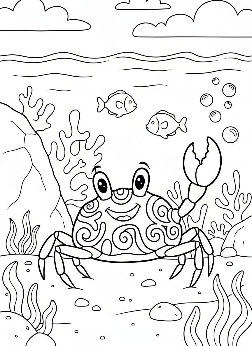 Close-up of a smiling crab with round eyes and detailed shell pattern, holding one claw up in a friendly wave.