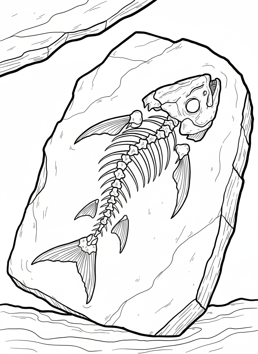 An ancient fish fossil showing complete skeleton with fins, tail, and bone structure clearly visible