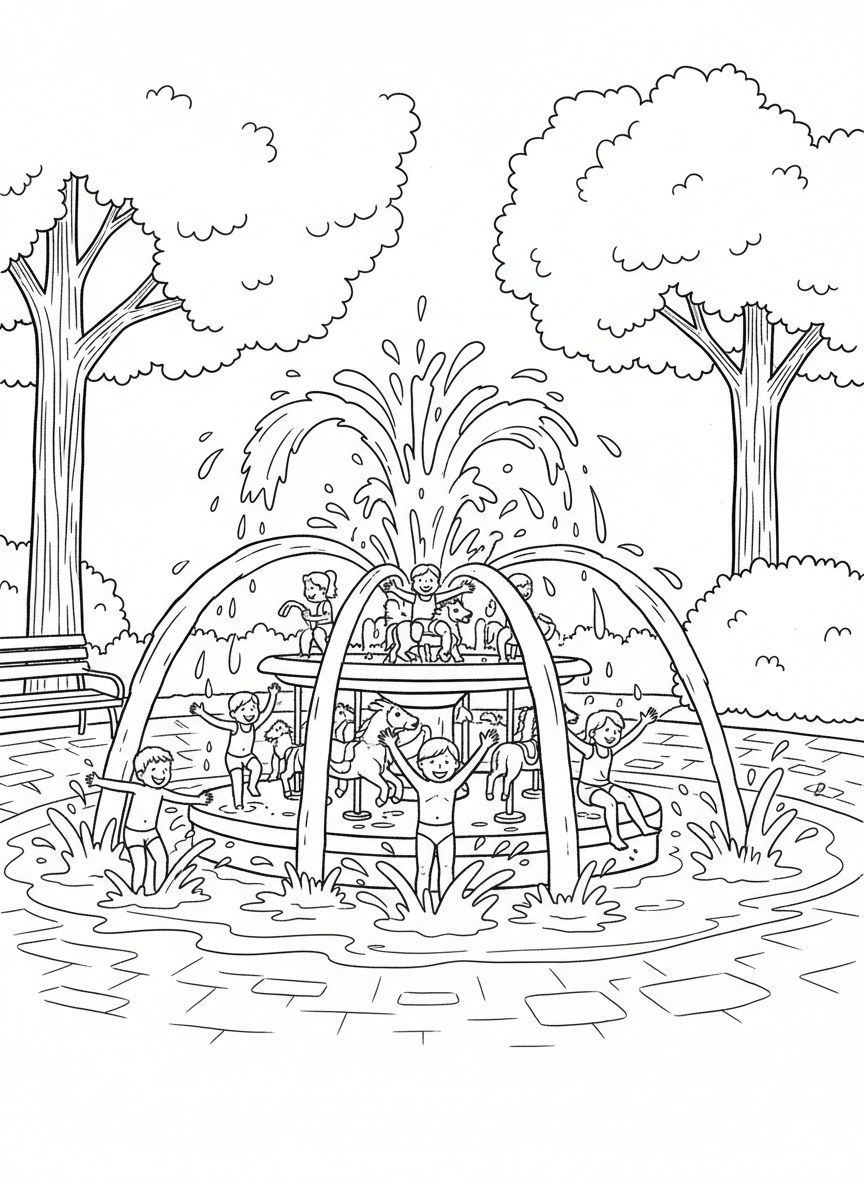 The Please Touch Me fountain with children playing in water sprays, simple figures splashing and having fun in a park setting.