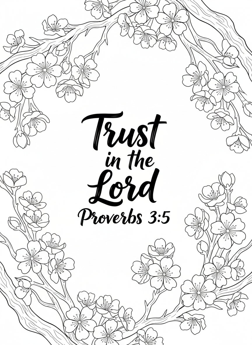 Blooming cherry blossom branches framing the verse 'Trust in the Lord Proverbs 3:5' written in elegant calligraphy in the center