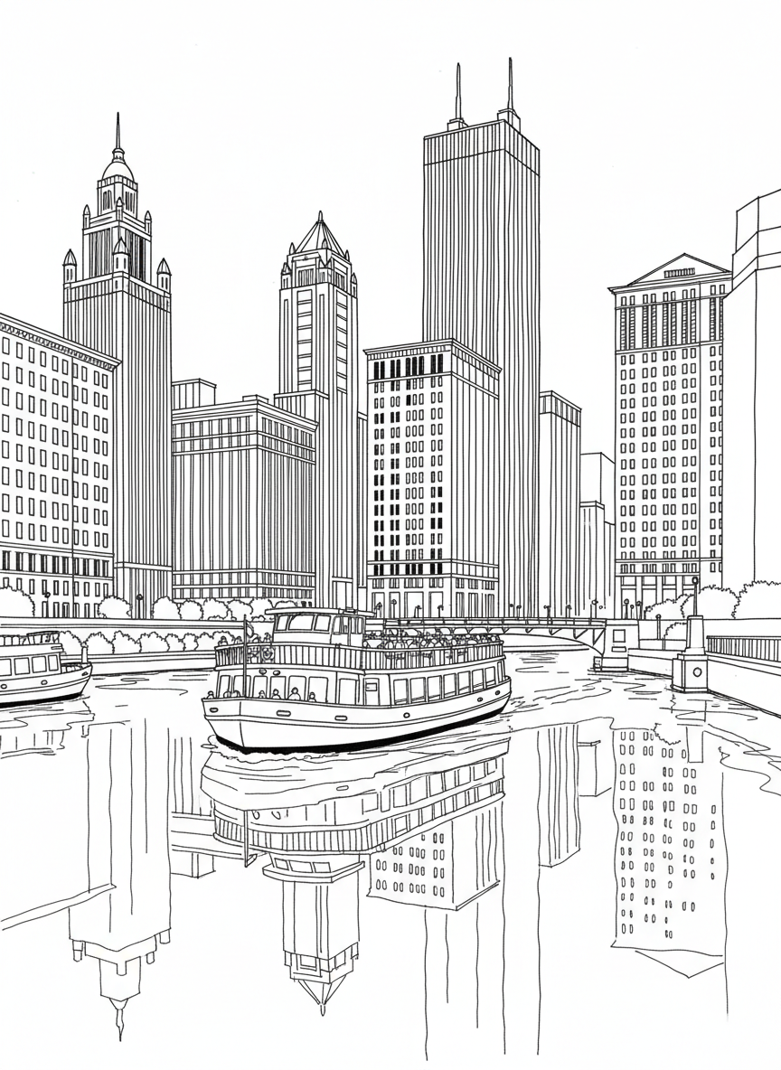 Chicago River with buildings on both sides and a tour boat, simple cityscape reflection in water, easy to color