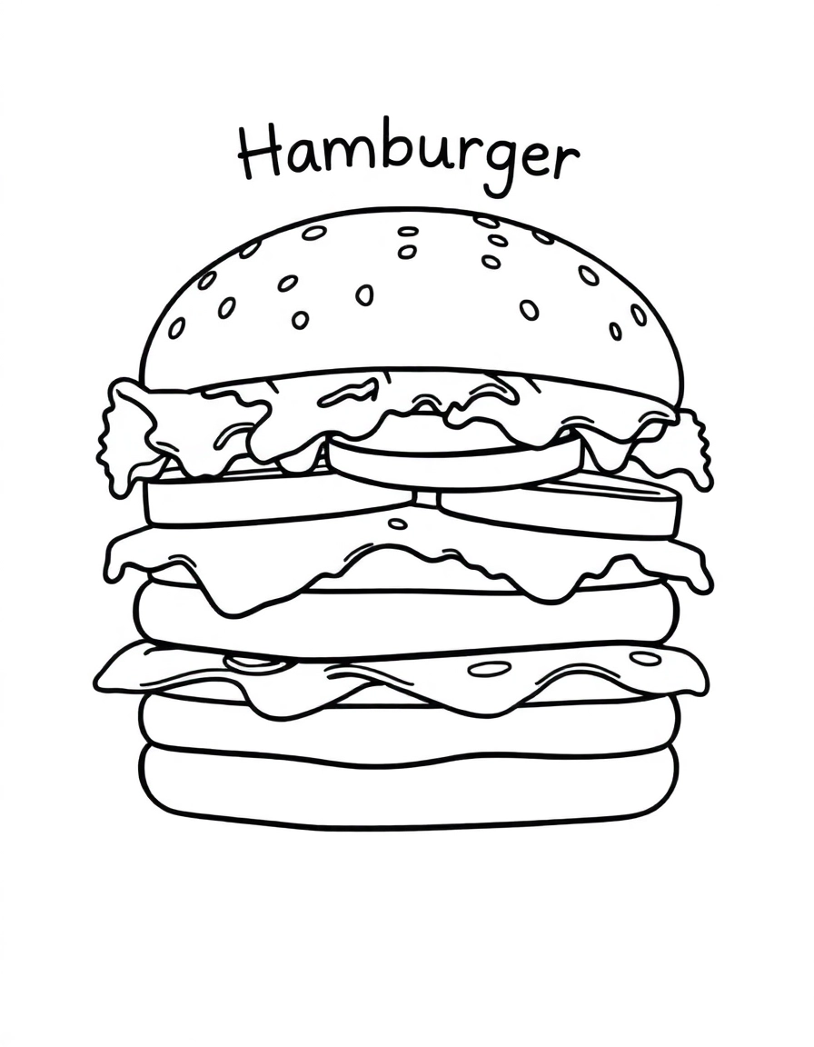 A large, juicy hamburger with all the fixings: lettuce, tomato, cheese, and pickles. Written 'Hamburger' near the top, nothing else.