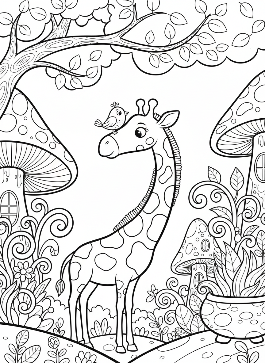A tall giraffe bending its long neck down to nuzzle a small bird, whimsical Pottery Barn style with soft curves and friendly faces