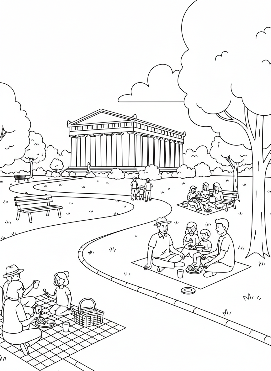 Centennial Park scene with the Parthenon in the distance, walking paths, benches, and families having a picnic.
