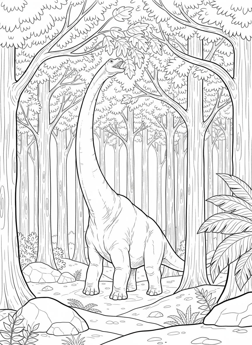 A Brachiosaurus with a very long neck reaching up to eat leaves from tall treetops in a lush forest setting.