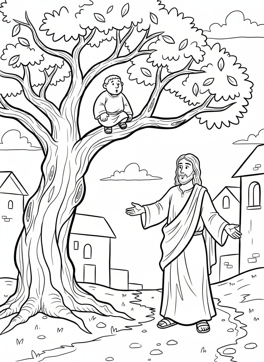 The story of Zacchaeus in a sycamore tree with Jesus standing below looking up