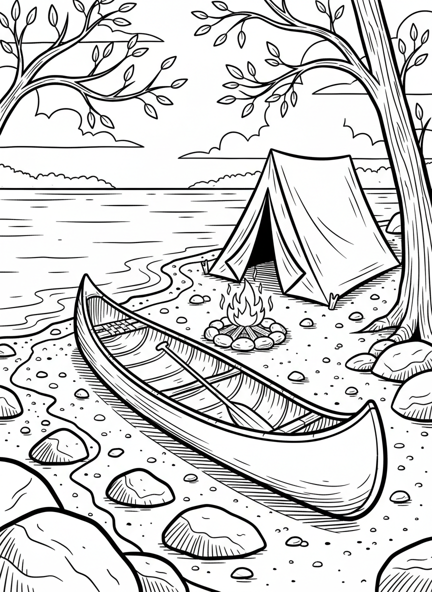 A canoe resting on the shore of a calm lake, with a tent and campfire visible on the beach nearby.