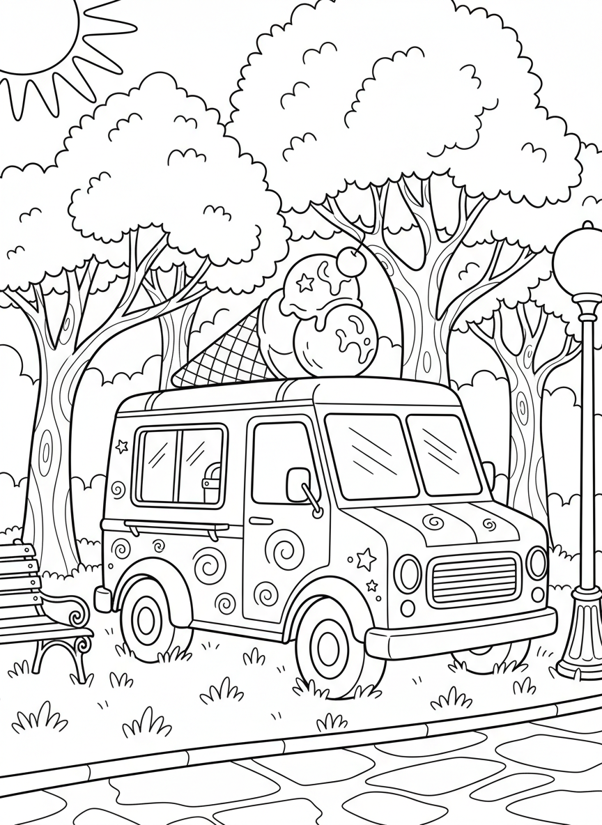 A cheerful ice cream truck with a large cone on top, parked in a sunny park with trees in the background, simple line art for coloring