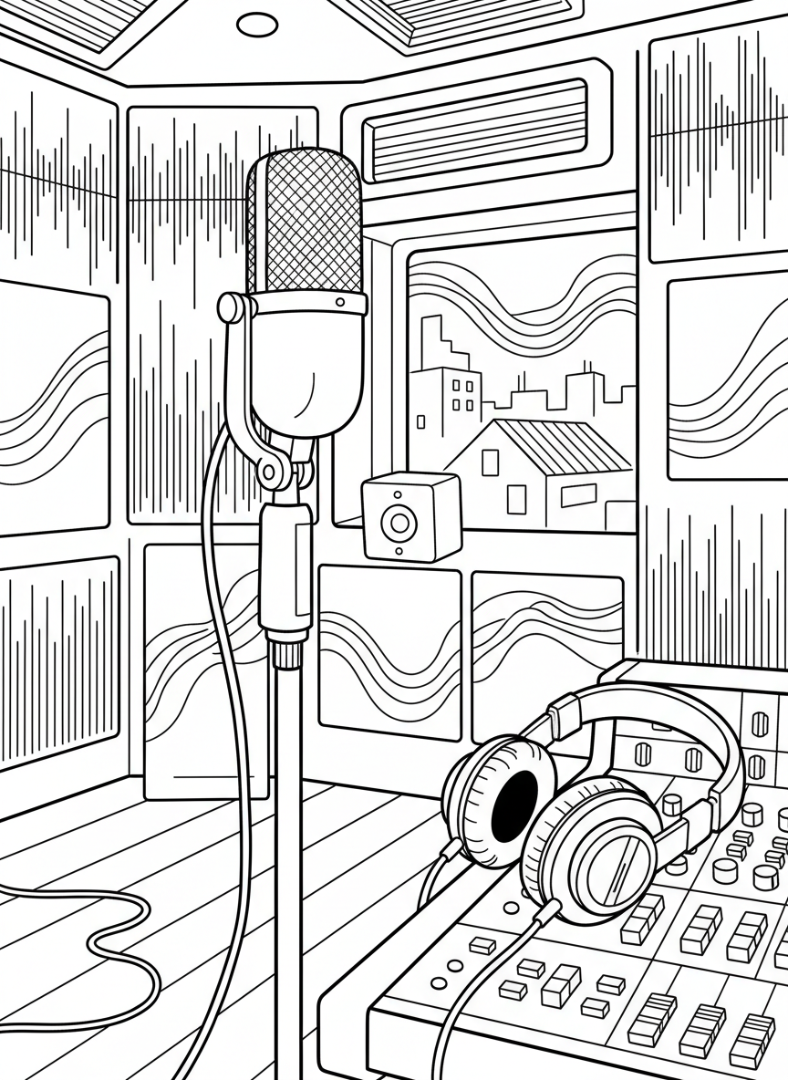 A recording studio scene with a vintage microphone, headphones, and sound wave patterns on the walls.
