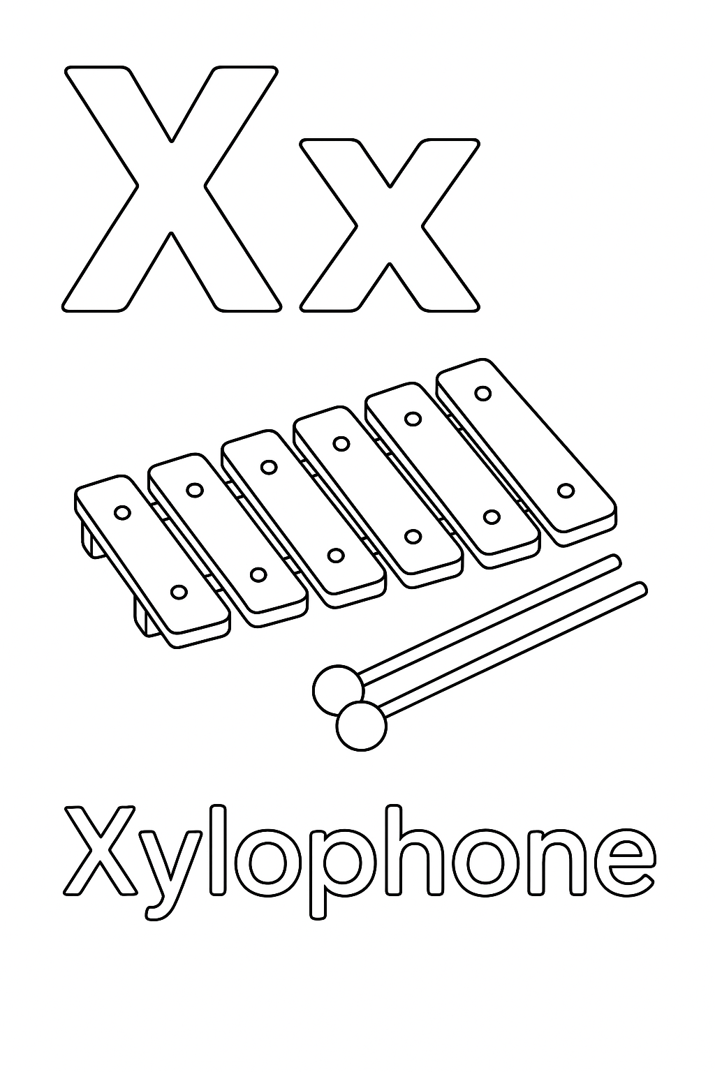 The uppercase letter “X” next to the lowercase letter “x”. With an xylophone image under the letters. Write out the object “Xylophone”.