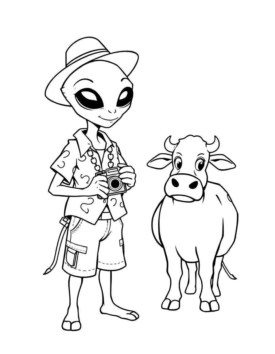 The Tourist: An alien wearing a Hawaiian shirt, cargo shorts, and holding a camera, taking a picture of a confused-looking Earth cow.