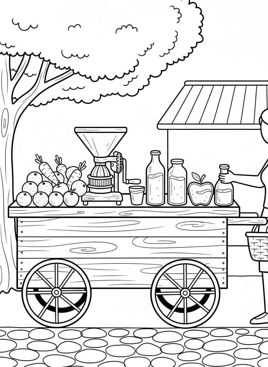 A juice bar cart with fresh oranges, carrots, and apples displayed, plus a hand-crank juicer and bottles of colorful juices.