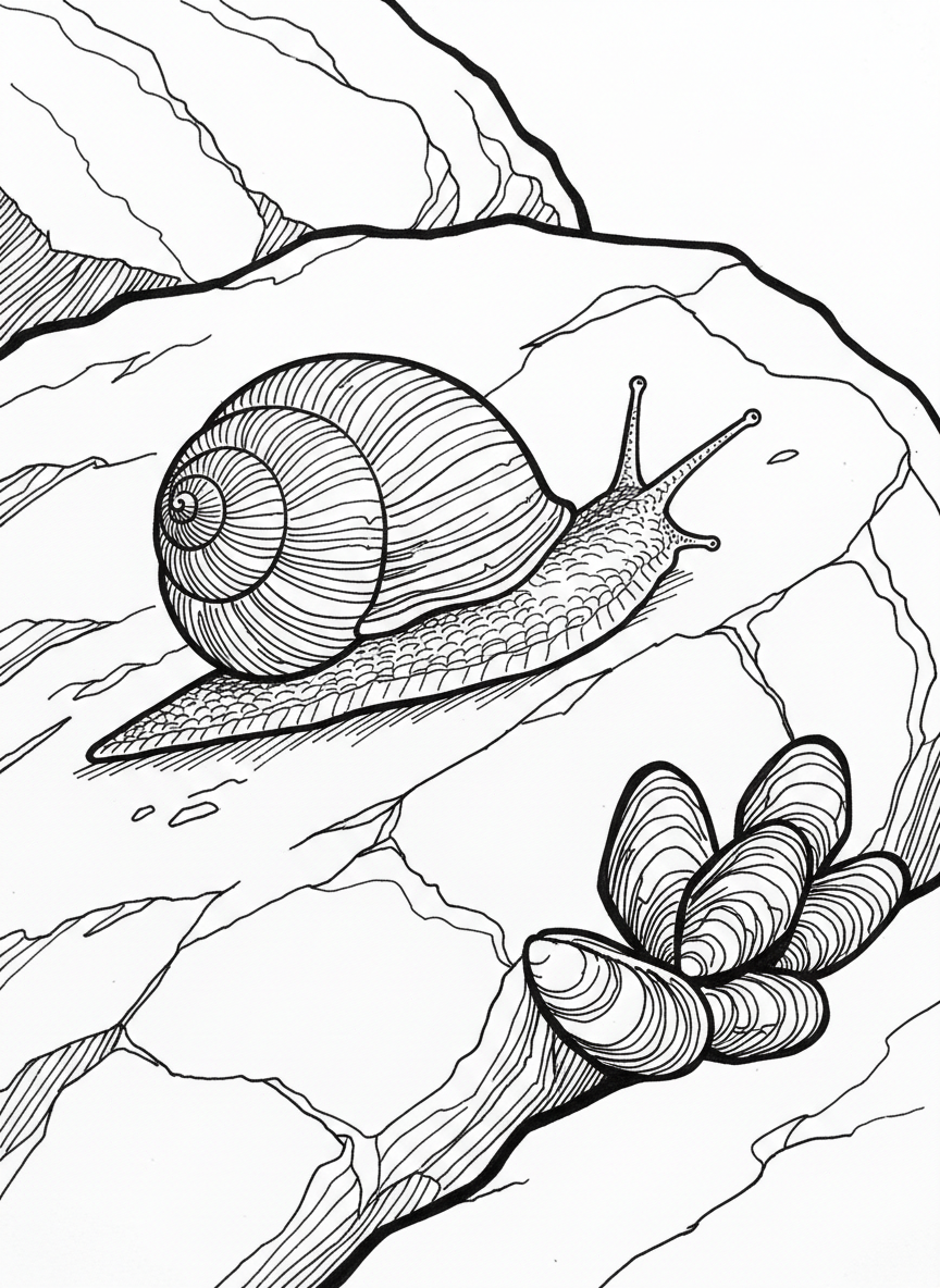 A dogwinkle snail with ridged shell texture crawling near a cluster of mussels on a boulder