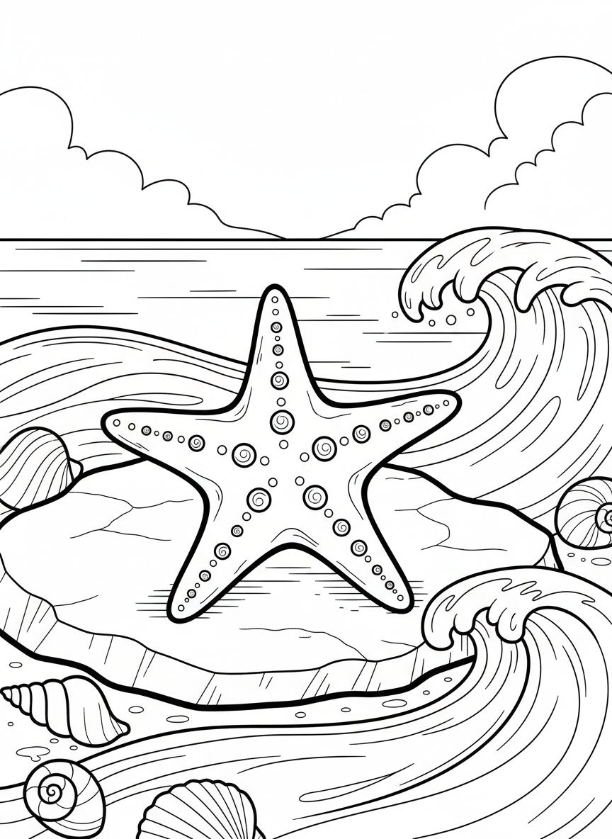 A simple scene of a single large starfish on a flat rock with gentle waves and a few shells around it.