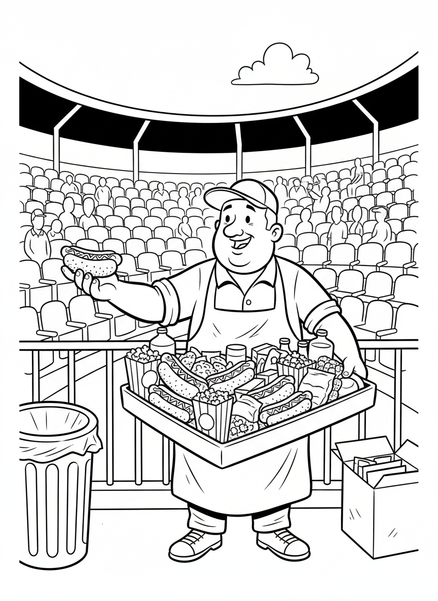 A hot dog vendor at the ballpark with a tray of snacks, wearing an apron and cap, stadium seats visible behind.