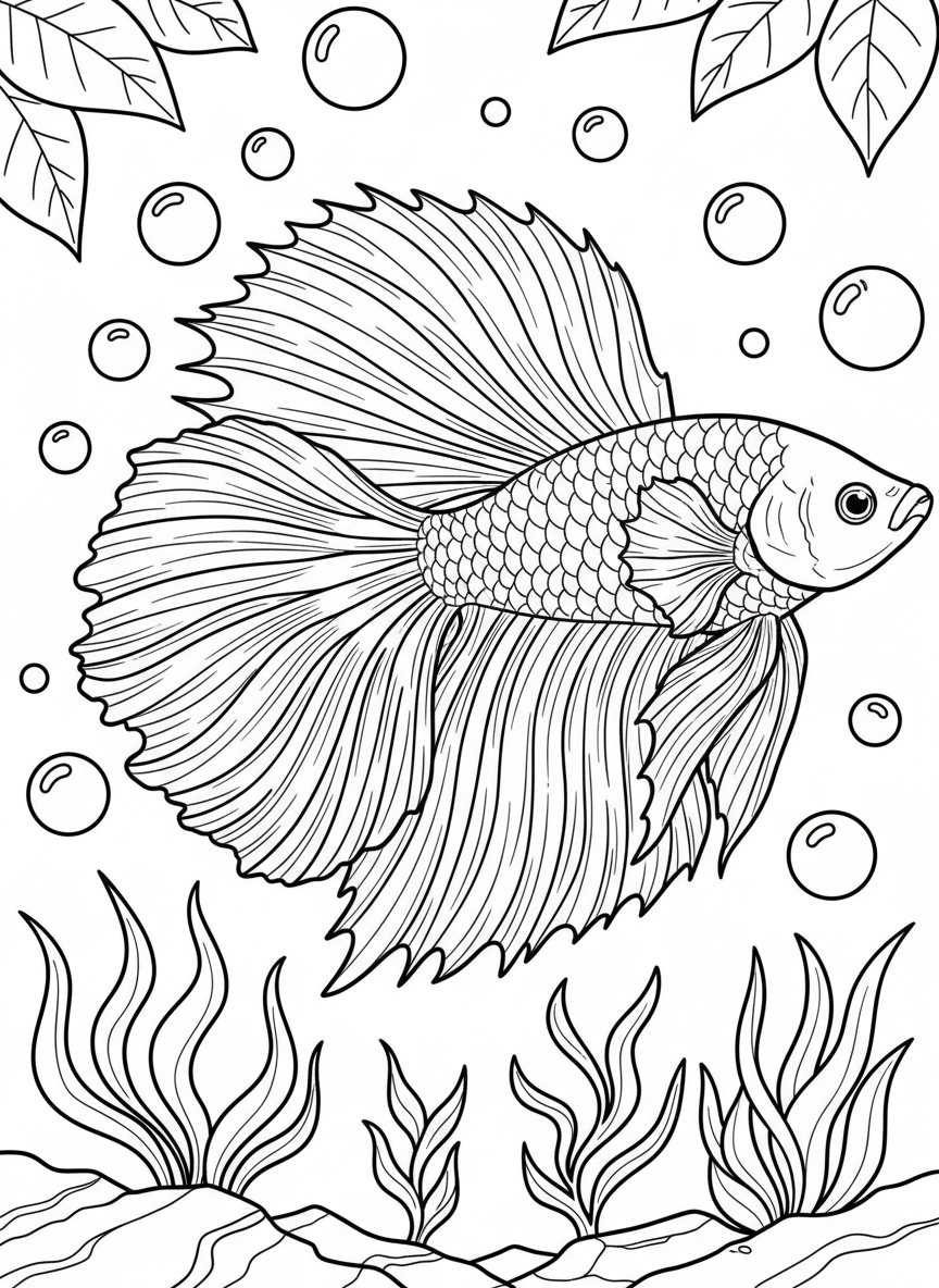 A betta fish with dramatic flowing tail fins displayed in a decorative pose with bubbles, elegant line drawing