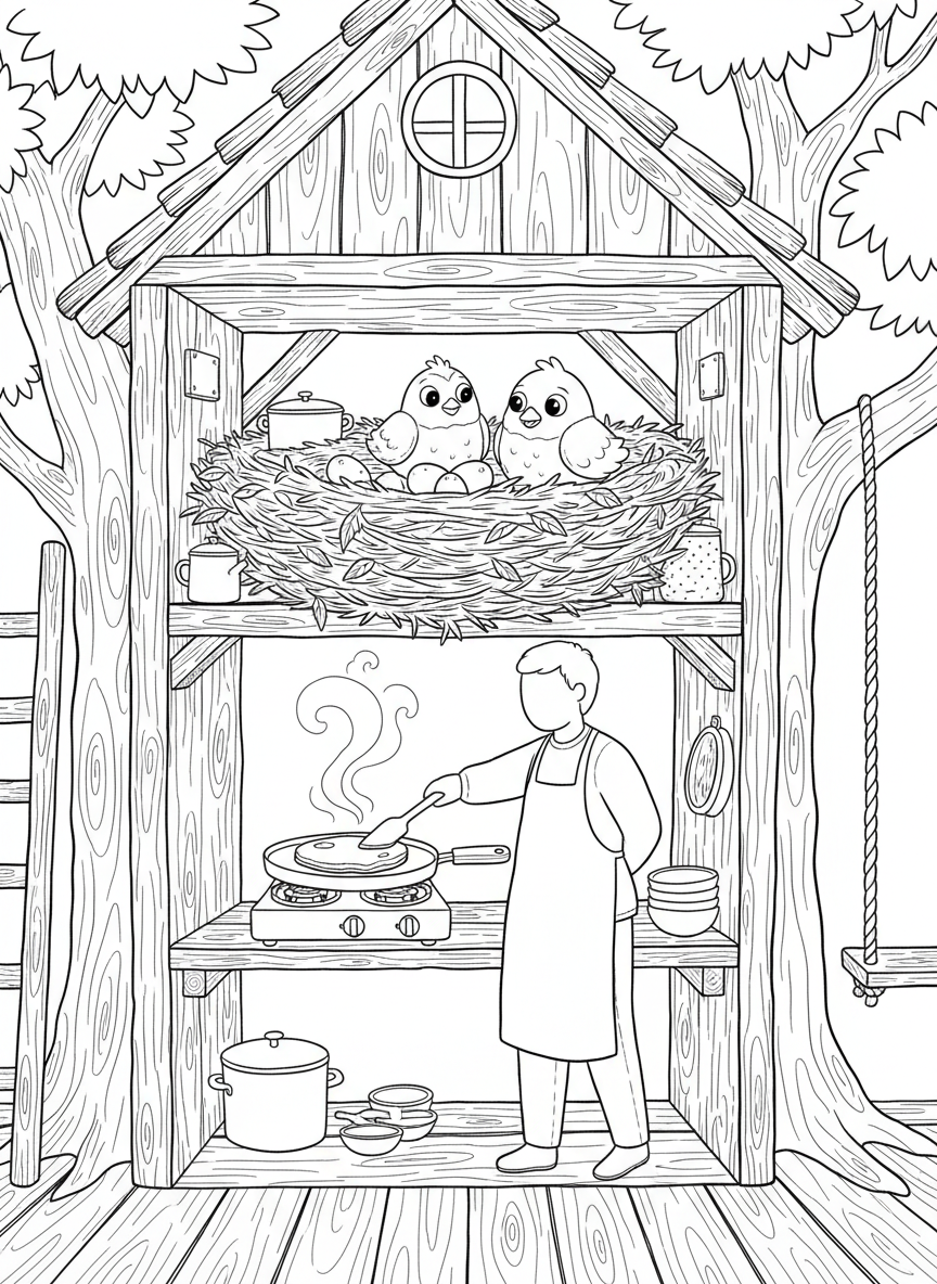 A bird's nest incorporated into a treehouse kitchen shelf, with friendly birds watching someone flip pancakes on a griddle.
