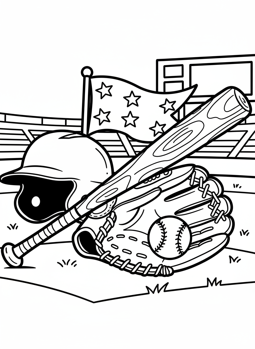 A collection of baseball equipment including bat, ball, helmet, and glove arranged together with a pennant flag showing stars.