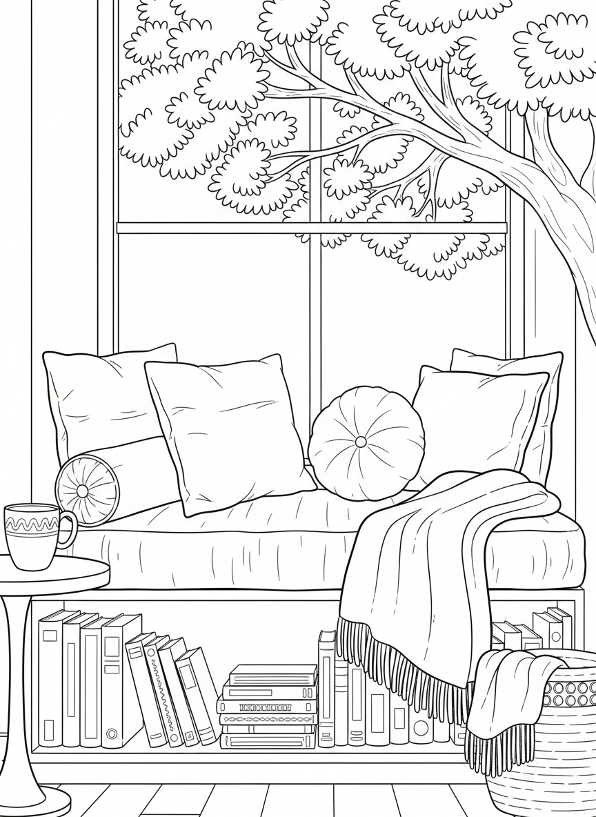 A cozy reading nook with a cushioned window seat, stacked pillows, and a small bookshelf filled with books, simple line art for coloring
