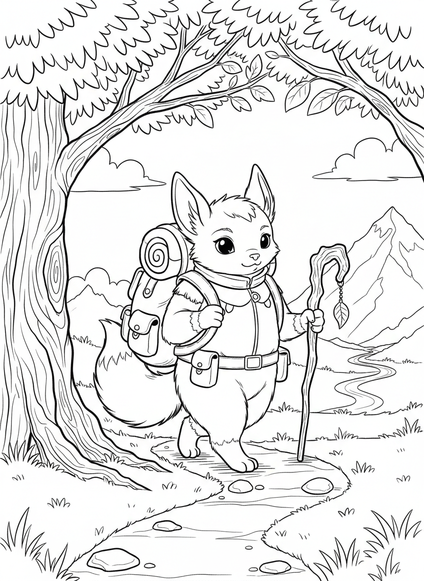 A cute fantasy creature with pointy ears wearing a backpack on an adventure, walking stick in hand, outdoor scene