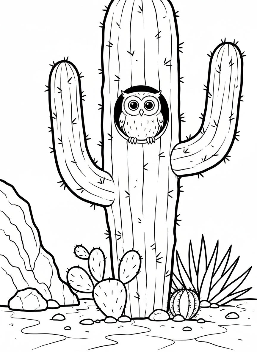 A tiny elf owl peeking out from a hole in a saguaro cactus, with desert plants around the base