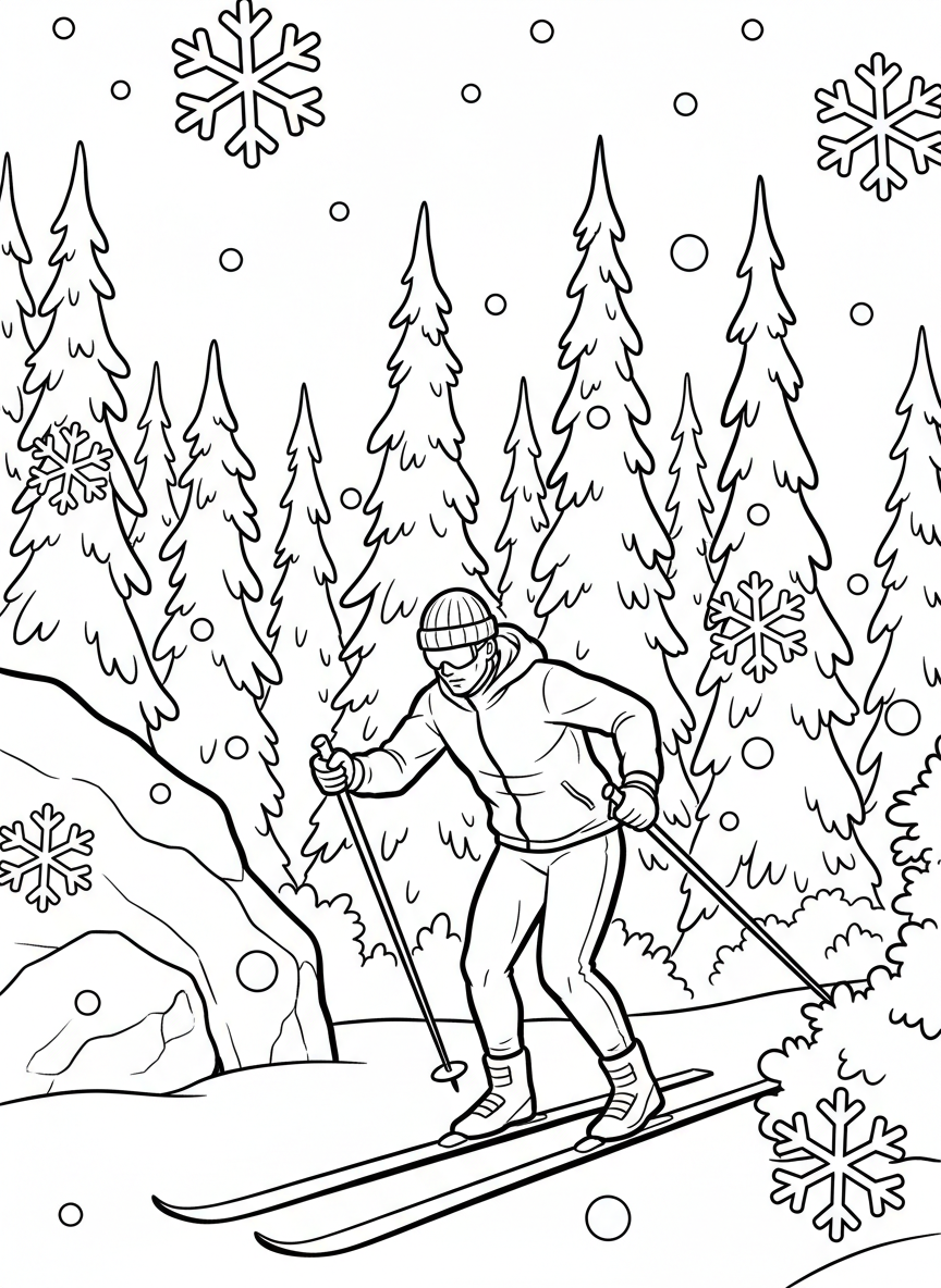 A cross-country skier gliding through a snowy forest trail, using ski poles, with evergreen trees and falling snowflakes around them.