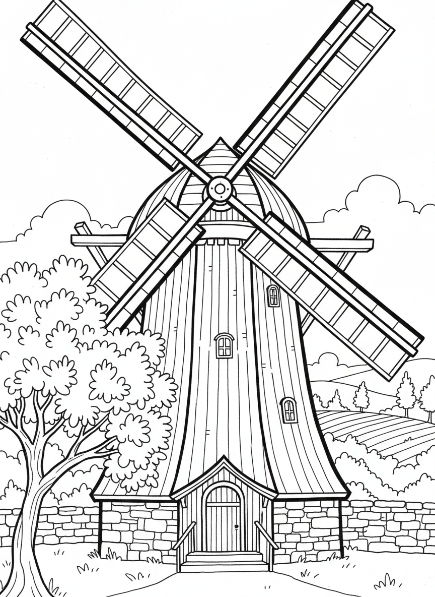 A close-up view of a classic windmill with large rotating blades, showing detailed wooden structure and a small door at the base.