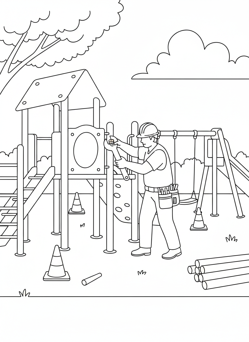 A construction worker building a new playground structure, wearing a hard hat and using tools, with safety cones around the area.