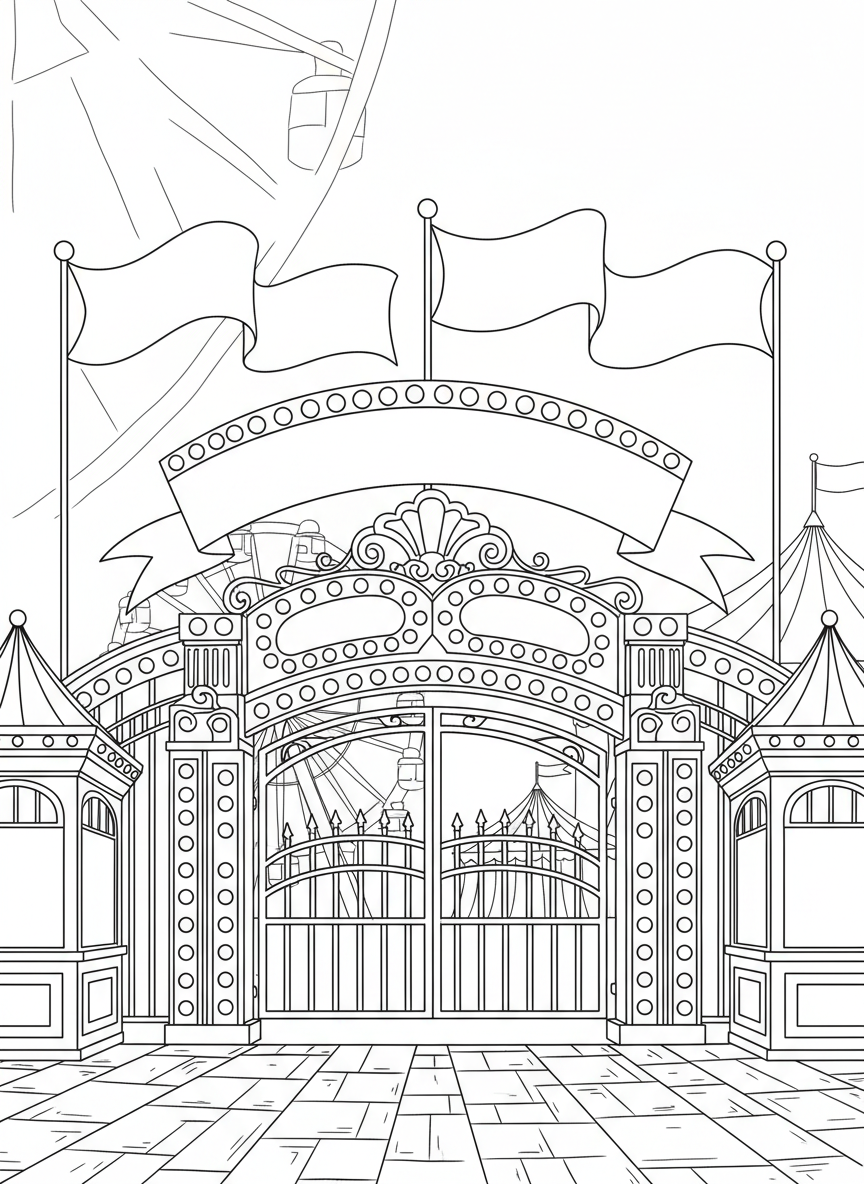 A carnival entrance gate with bright bulb lights, ticket windows, flags waving, and a welcome banner overhead.