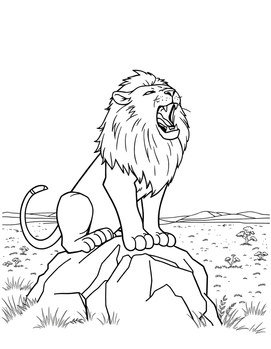 A lion roaring on a rock, golden savannah stretching out