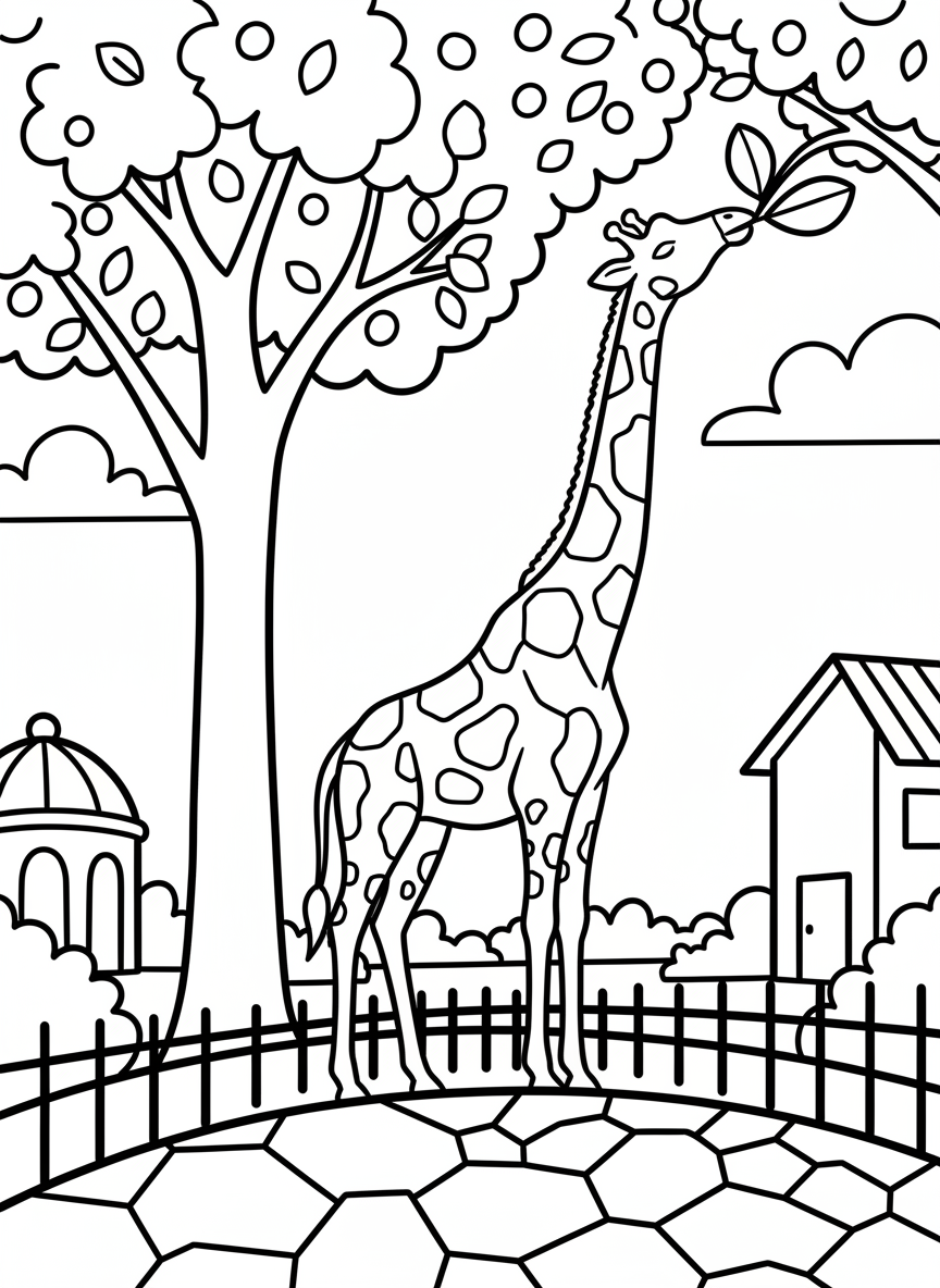 A giraffe stretching its long neck to eat leaves from a tall tree at the zoo, easy-to-color shapes