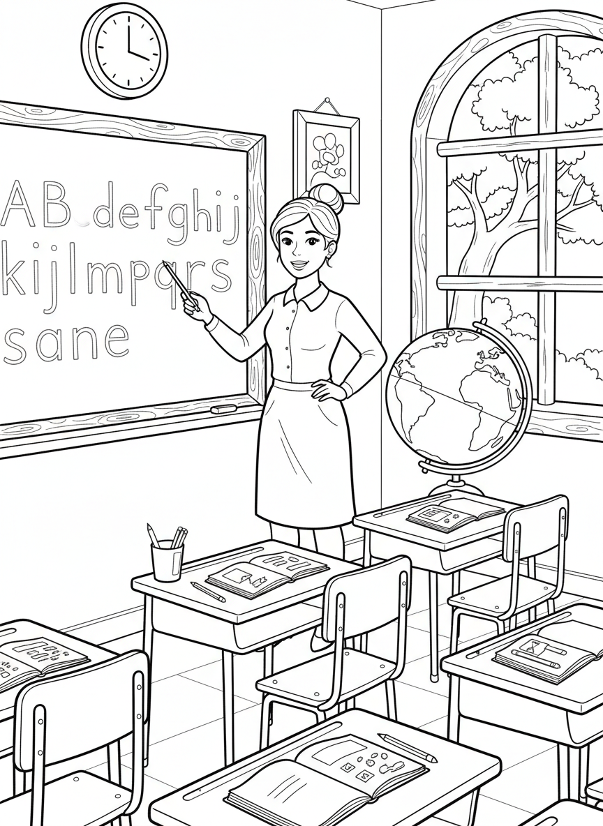 A teacher at a chalkboard pointing to the alphabet, with desks and a globe visible in a cheerful classroom setting.