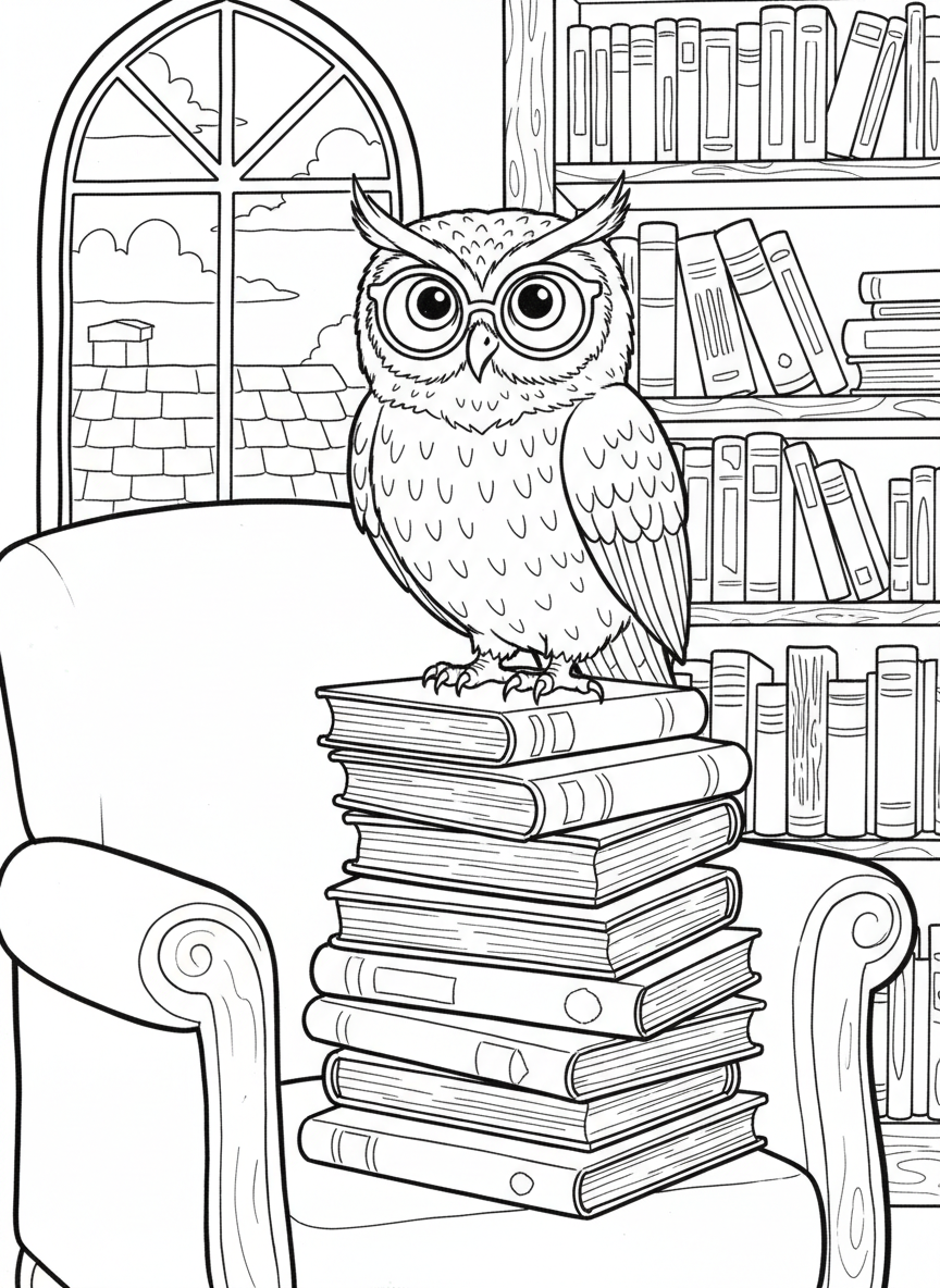 A wise-looking spectacled owl wearing reading glasses, sitting on a stack of books in a cozy library setting