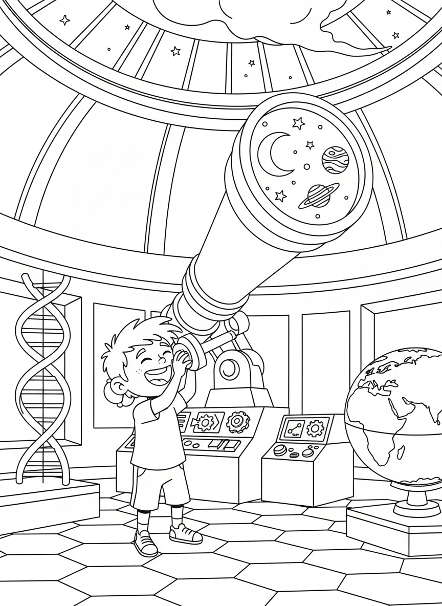 A smiling child looking through a giant telescope at stars and planets in an interactive science center, easy to color