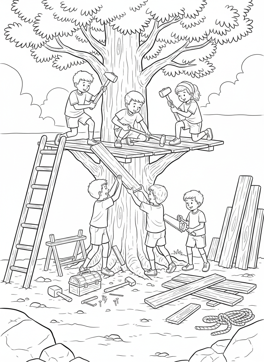 Children hammering wooden planks together to build a treehouse platform, with tools and lumber scattered around the tree base.