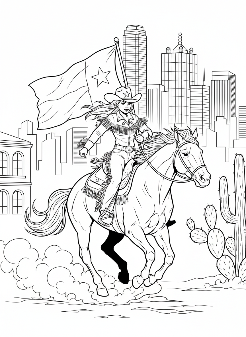 A cowgirl on a horse waving a Texas flag, with Dallas buildings visible in the background, action scene line art