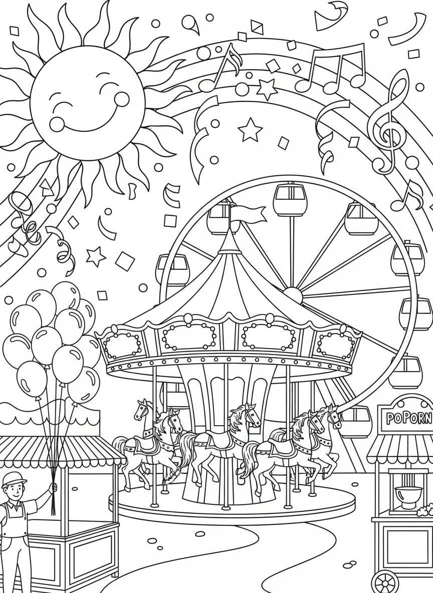 A simple carnival scene with a smiling sun, confetti pieces, streamers, and musical notes creating a festive border design.