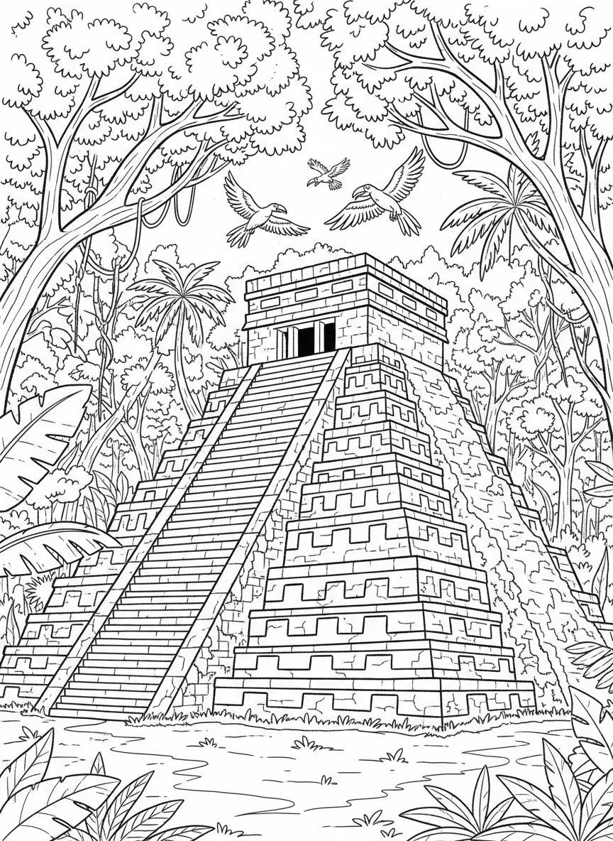 A Mayan pyramid rising above the jungle canopy, with stone steps leading to the top and tropical birds flying nearby.