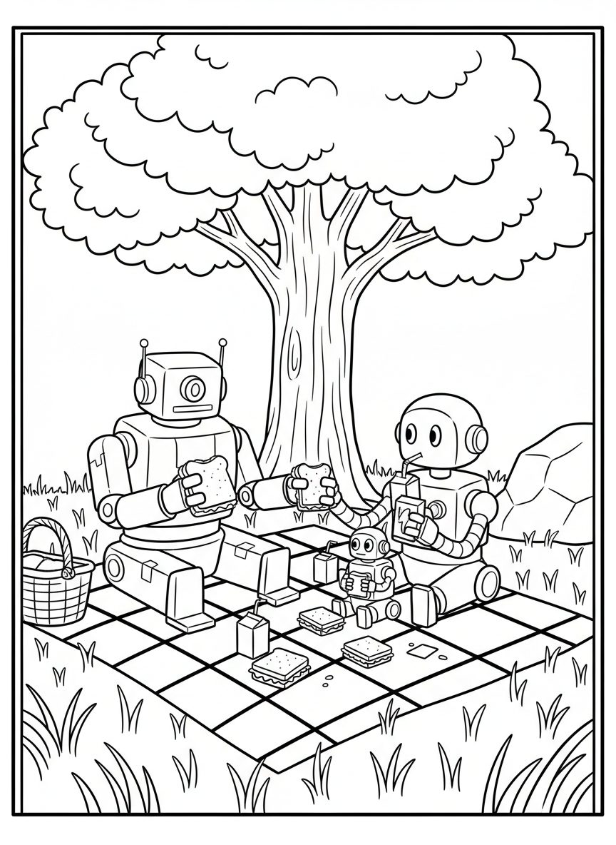 A group of three different sized robots having a picnic together on a blanket, sharing sandwiches and juice boxes under a tree.