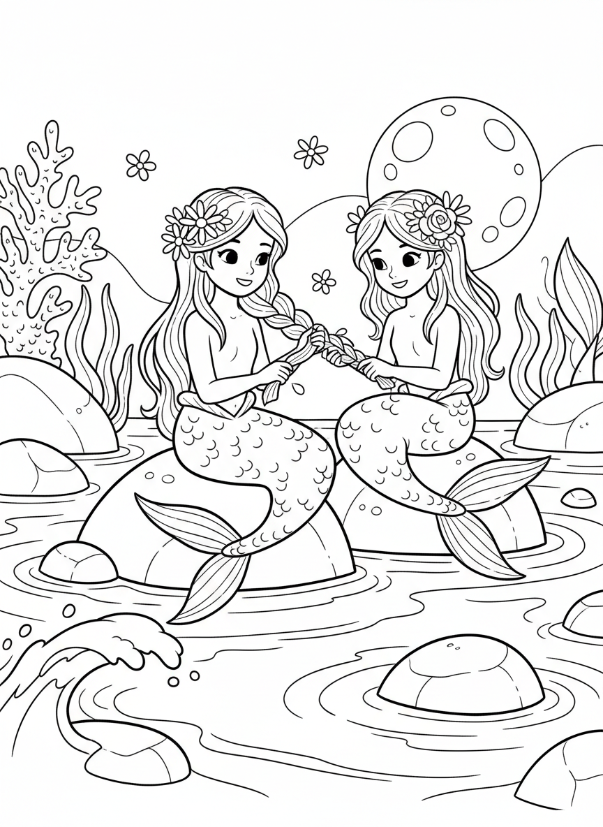 Two young mermaids playing together, braiding each other's hair with flowers, sitting on smooth rocks with gentle waves in background, line art illustration