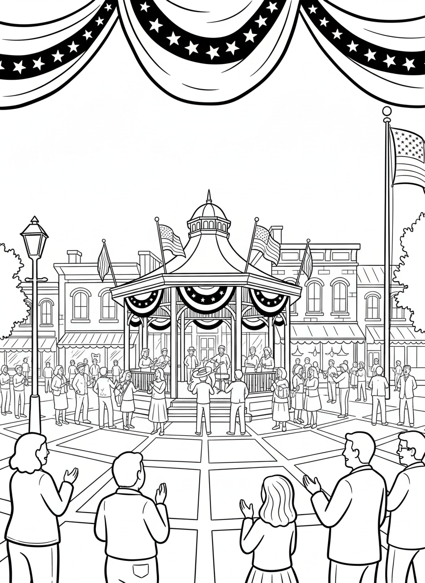 A town square with a gazebo decorated with bunting and flags, people gathering for a Memorial Day concert.