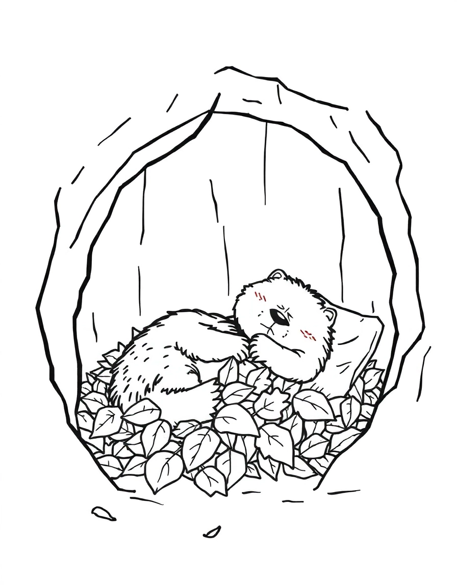 Groundhog Day: Sleeping In: A cutaway view of the groundhog’s underground bedroom, showing him snoozing in a cozy bed made of leaves.