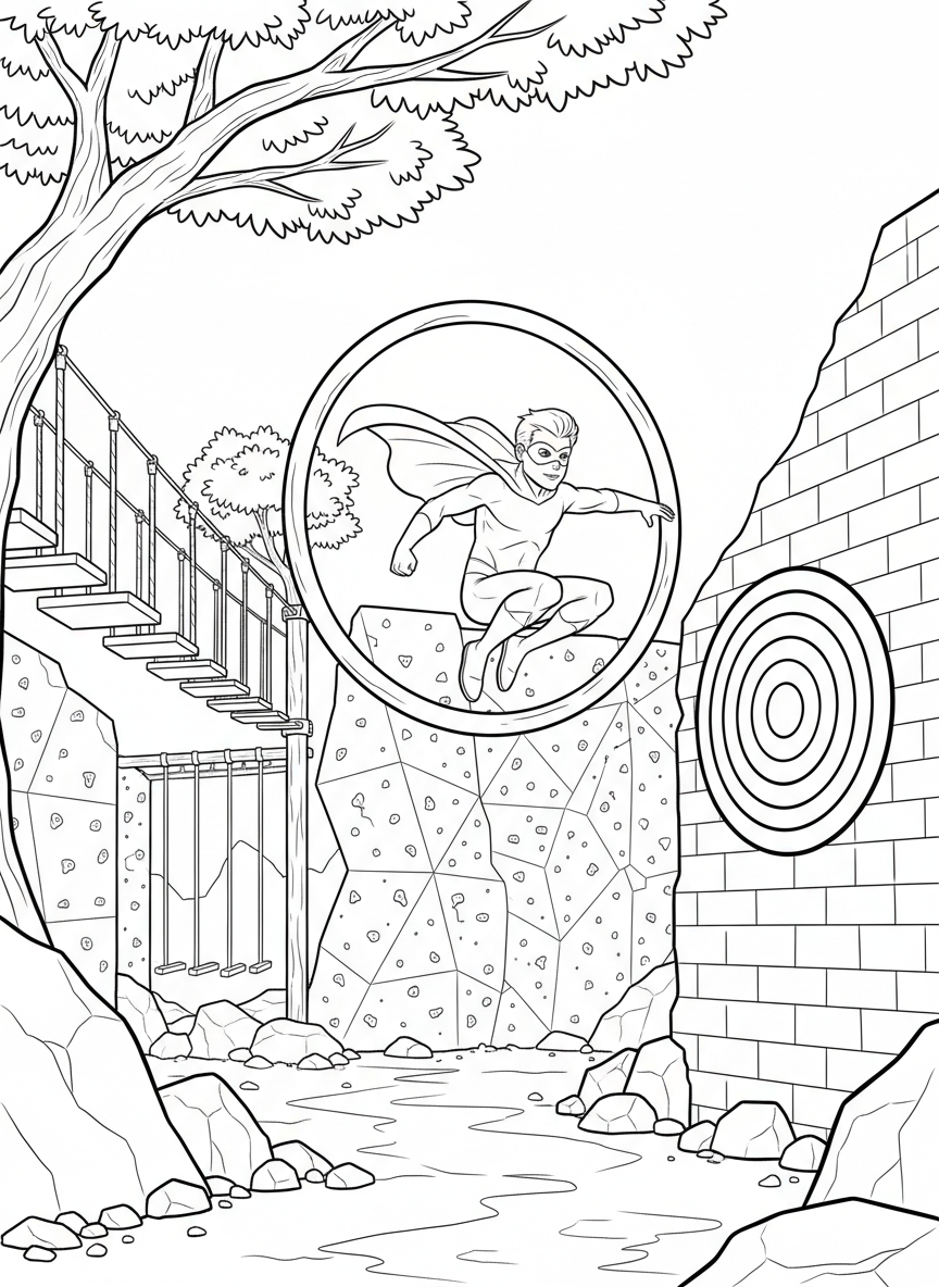 A superhero training obstacle course with rings, walls, and targets, young hero jumping through a hoop in the center