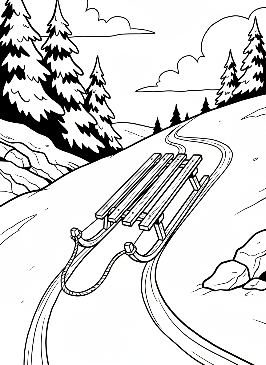 A sled at the top of a snowy hill with tracks leading down, ready for an exciting ride