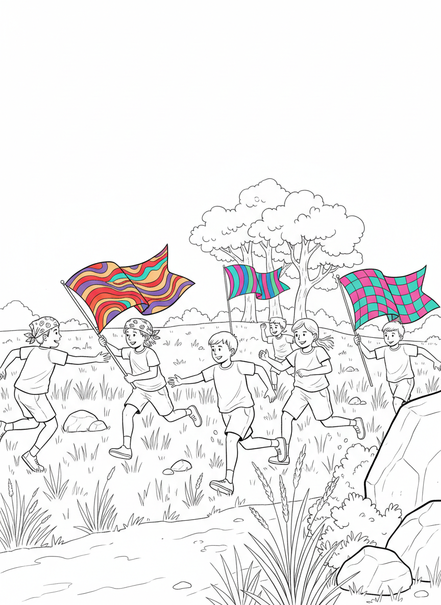 Children playing capture the flag in an open field, running and waving colorful bandanas.