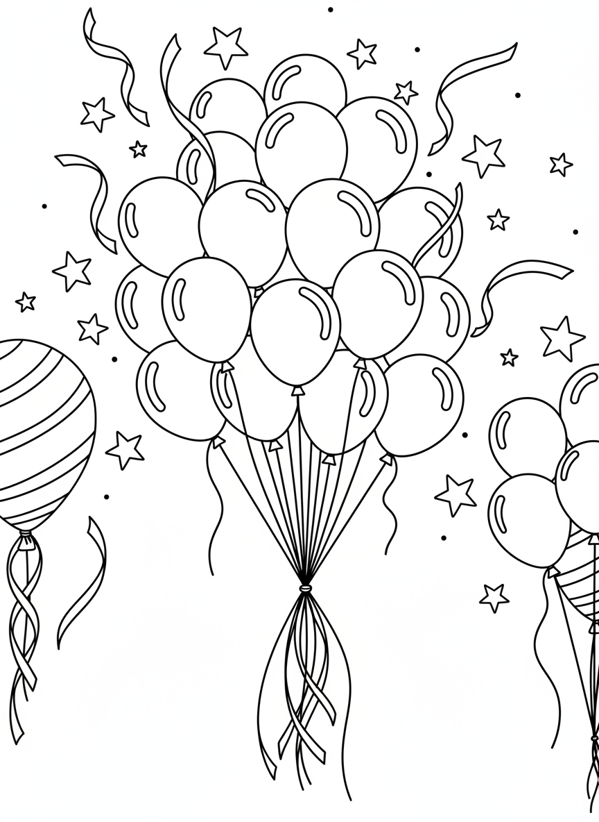 A bunch of floating balloons tied together with curly ribbons, drifting upward with stars and streamers in the background.