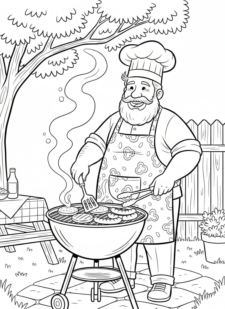 A dad grilling burgers and hot dogs on a backyard barbecue, wearing an apron and chef's hat, with smoke rising from the grill.