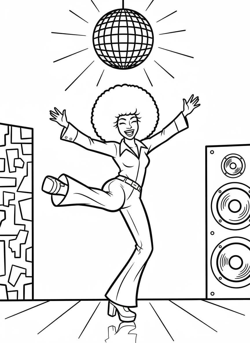 A disco dancer with an afro hairstyle striking a fun pose under a disco ball, wearing bell-bottom pants.