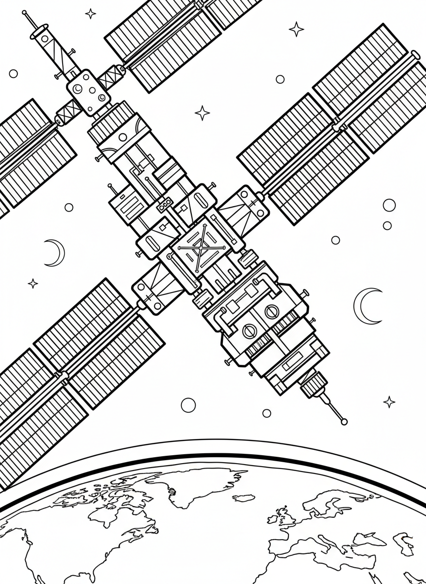 A space station orbiting Earth with solar panels extended, detailed mechanical elements for advanced coloring.
