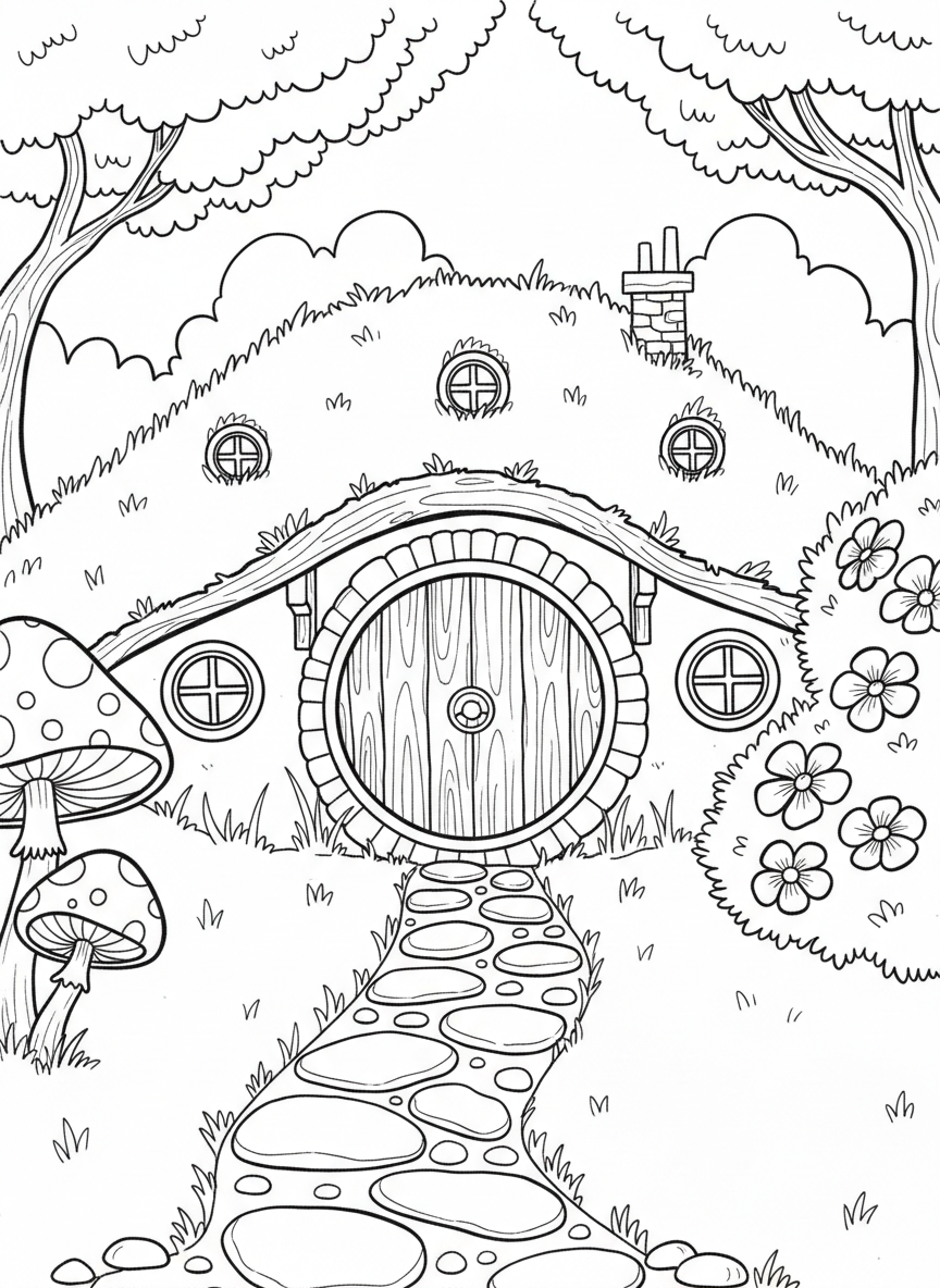 A fairy house built into a hillside with a grass-covered roof, round hobbit-style door, and a stone path leading to it.
